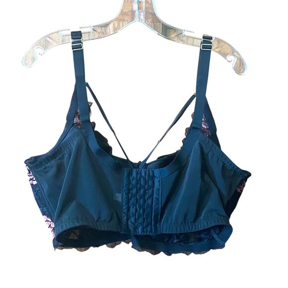 Cacique Bra 44F Pink Roses Black Lace Adjustable Straps Padded Cups Sexy - Picture 5 of 11